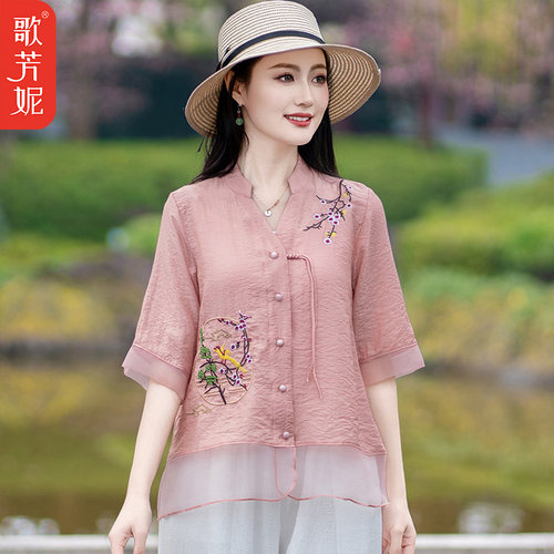 工厂店妈妈中袖雪纺衫国风