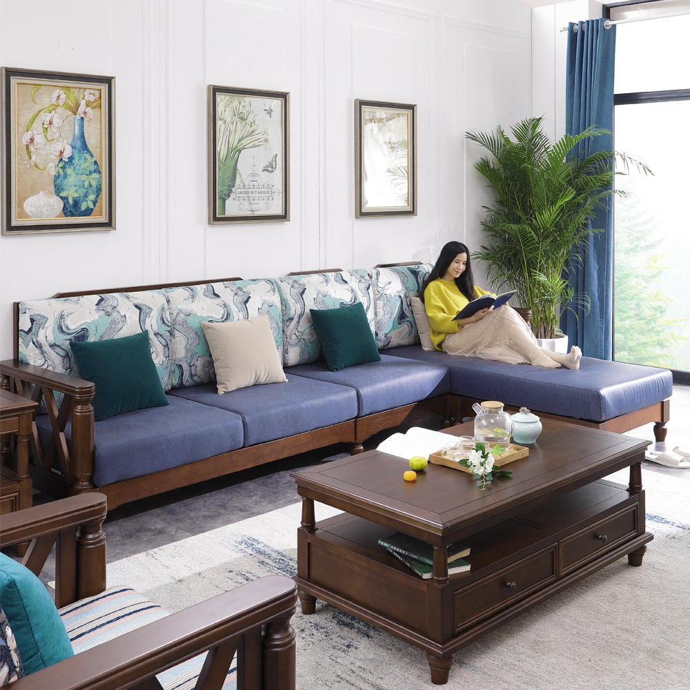 新品美式转复角沙发组合型直贵妃l排四人位客厅古乡村风实木布艺