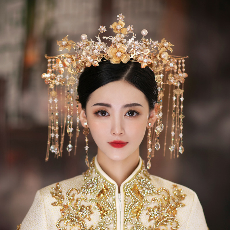 新娘头饰新款金色中式凤冠流苏主冠古装结婚礼秀禾服敬酒发饰雅馨