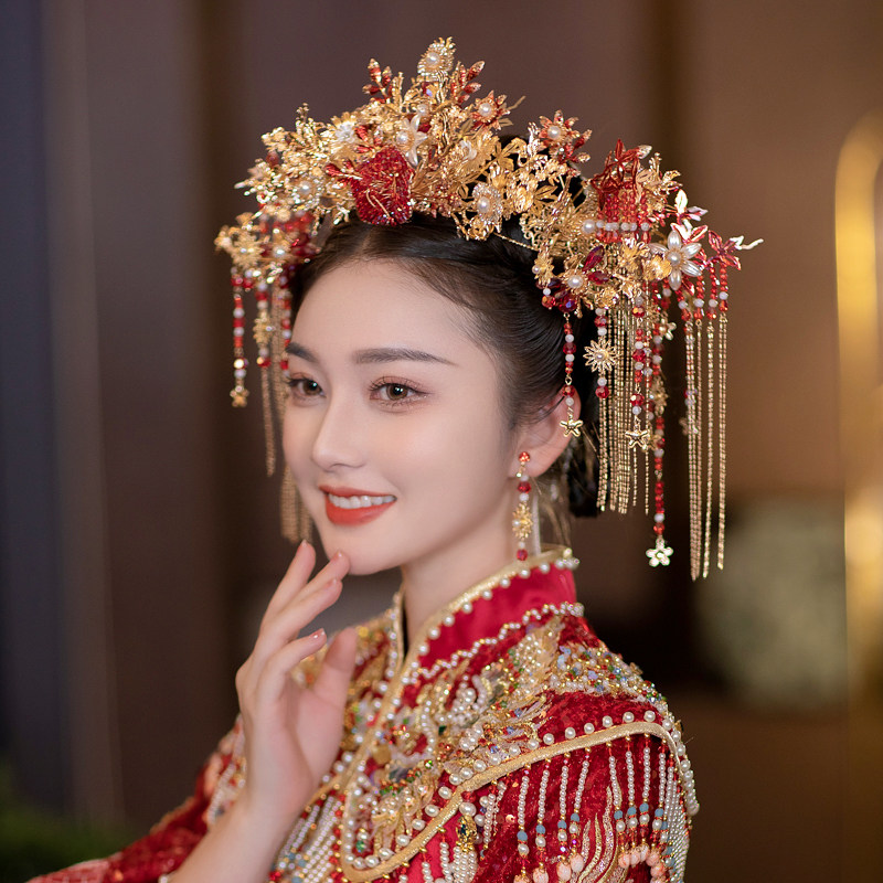 新娘头饰新款红色中式古装结婚礼秀禾服龙凤褂发饰佳韵