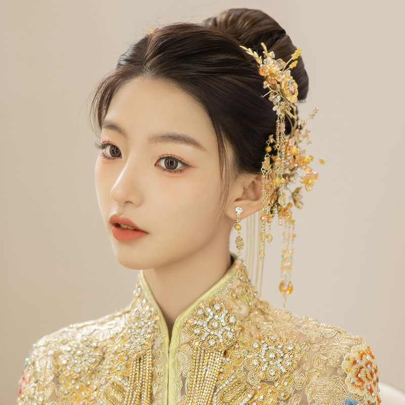 新娘头饰新款中式金色古装结婚礼秀禾服龙凤褂发饰品淑容