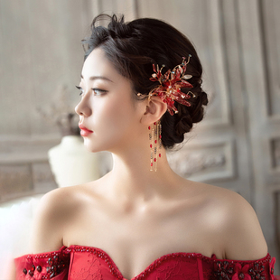 超仙美韩式 新娘红色花朵头饰耳挂森系发饰旅拍影楼结婚纱配饰兮羽