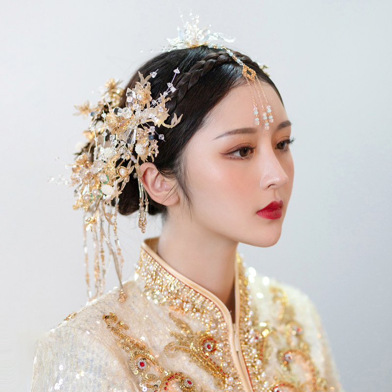 新娘金色眉心坠头饰中式古装长流苏套装秀禾服龙凤褂配饰品茗萱