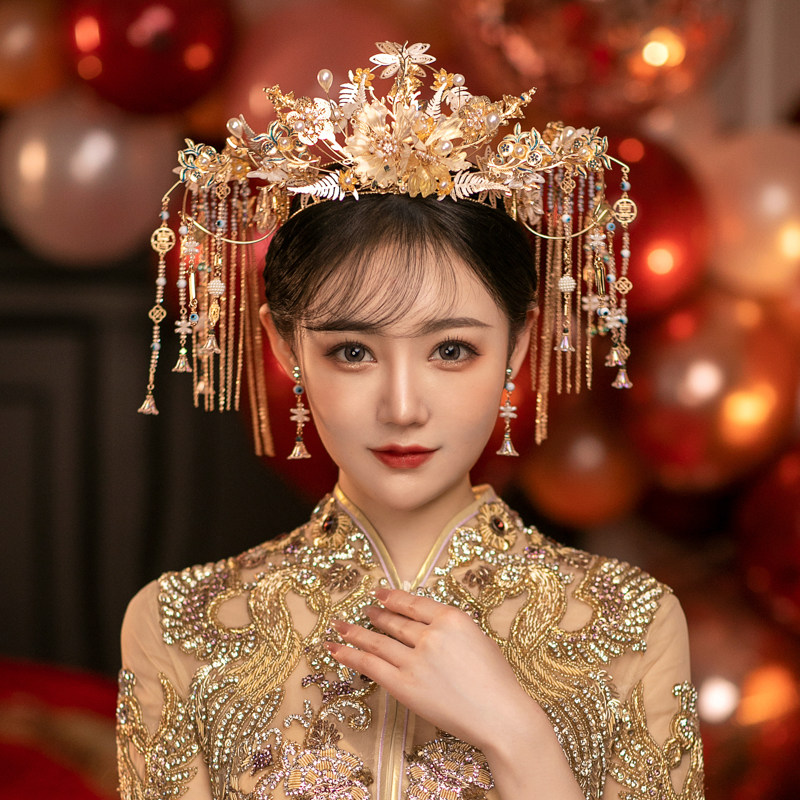 中式大气新娘凤冠金色古装发饰结婚宫廷秀禾服头饰流苏配饰梦佳