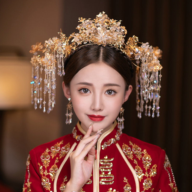 新娘秀禾头饰新款金色中式流苏结婚敬酒服古代凤冠古装发饰诺琪