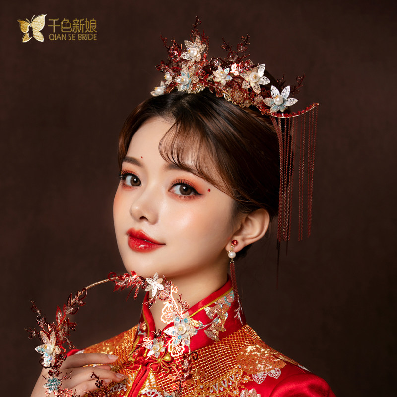 新娘新款古装中式红色头饰套装花朵亮片结婚秀禾服龙凤褂配饰艳凝