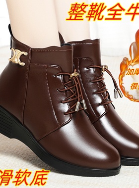 真皮羊毛短靴马丁靴女2025新款冬季加绒保暖棉鞋平底妈妈棉靴大码