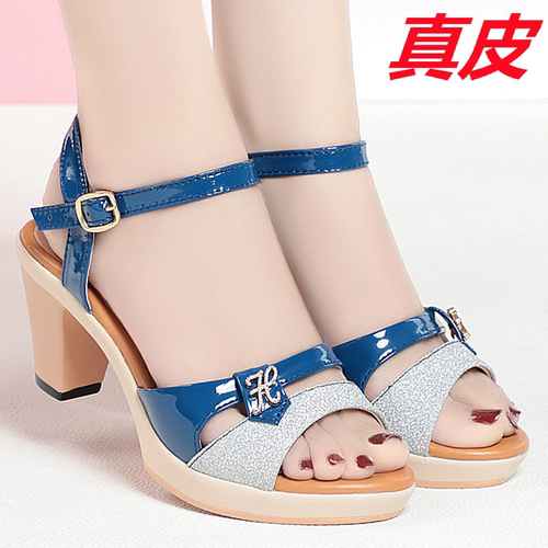 真皮拼色新款粗跟夏季防水台女鞋