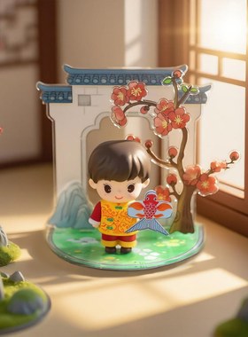 中式放风筝男孩拨浪鼓女孩玩偶