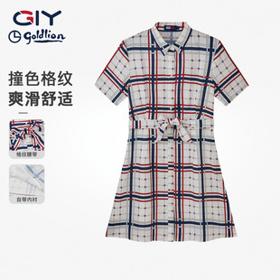 金利来GY美式格纹连衣裙女短袖系带收腰显瘦白领穿搭气质衬衫裙