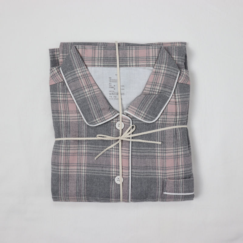 日式全棉法兰绒睡衣纯棉磨毛家居服套装男女款秋冬季加厚简约格子