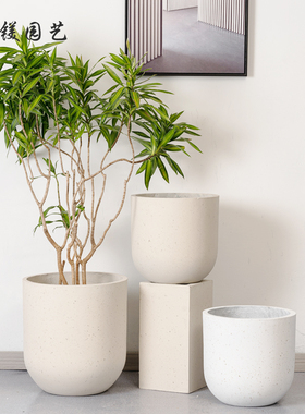圆形水泥花盆镁泥大口径简约客厅阳台落地绿植侘寂奶油风水磨石