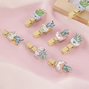 卡通植物花盆仙人掌芦荟花艺花店卡片木工艺品悬挂照片墙小木夹子