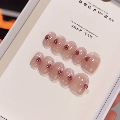 【冰桂花】春夏全华钻粉色玻璃珠猫眼日常百搭小短甲美甲穿戴甲