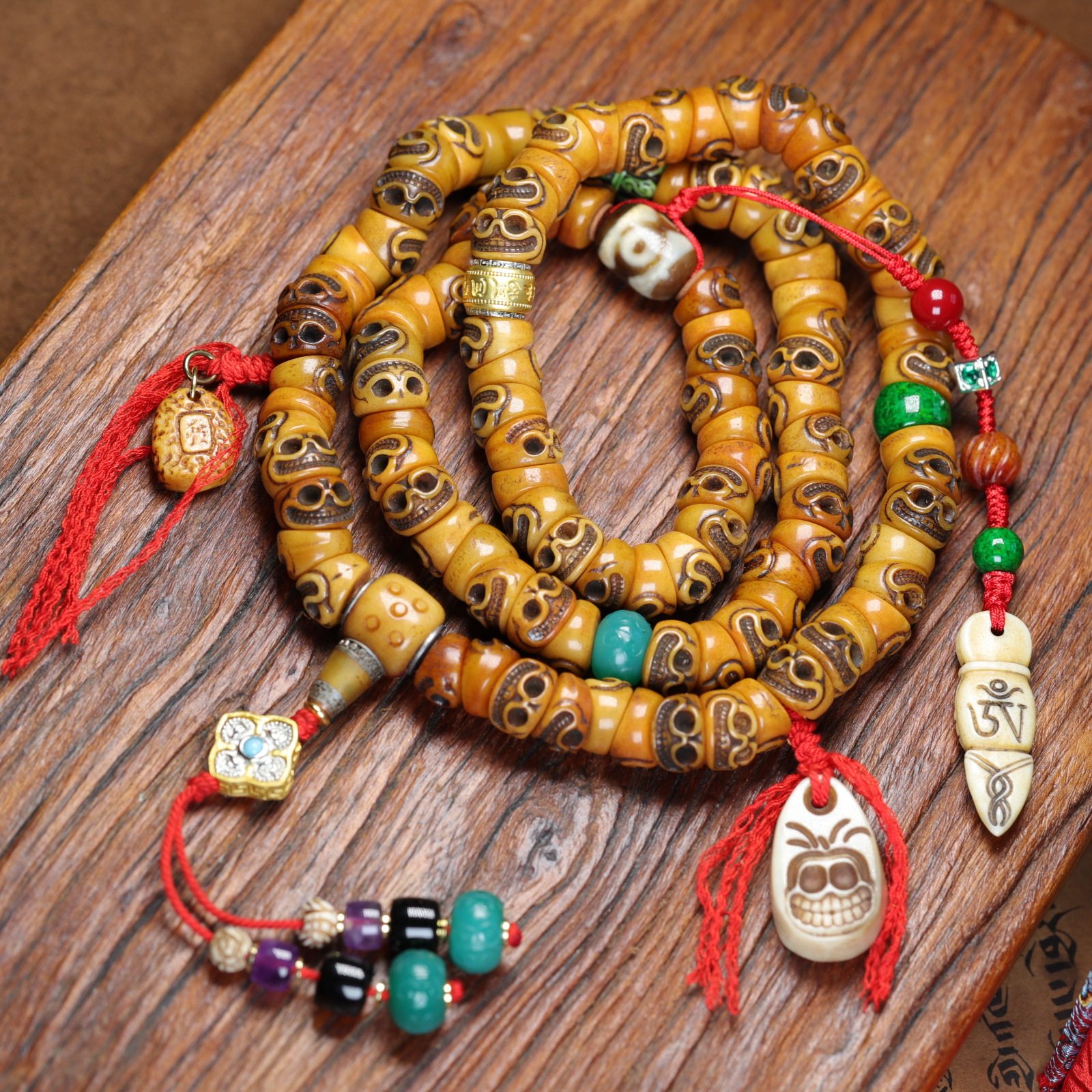 西藏式老料牦牛骨雕刻阿呆大肠多圈手链盘玩串珠念珠男女文玩项链