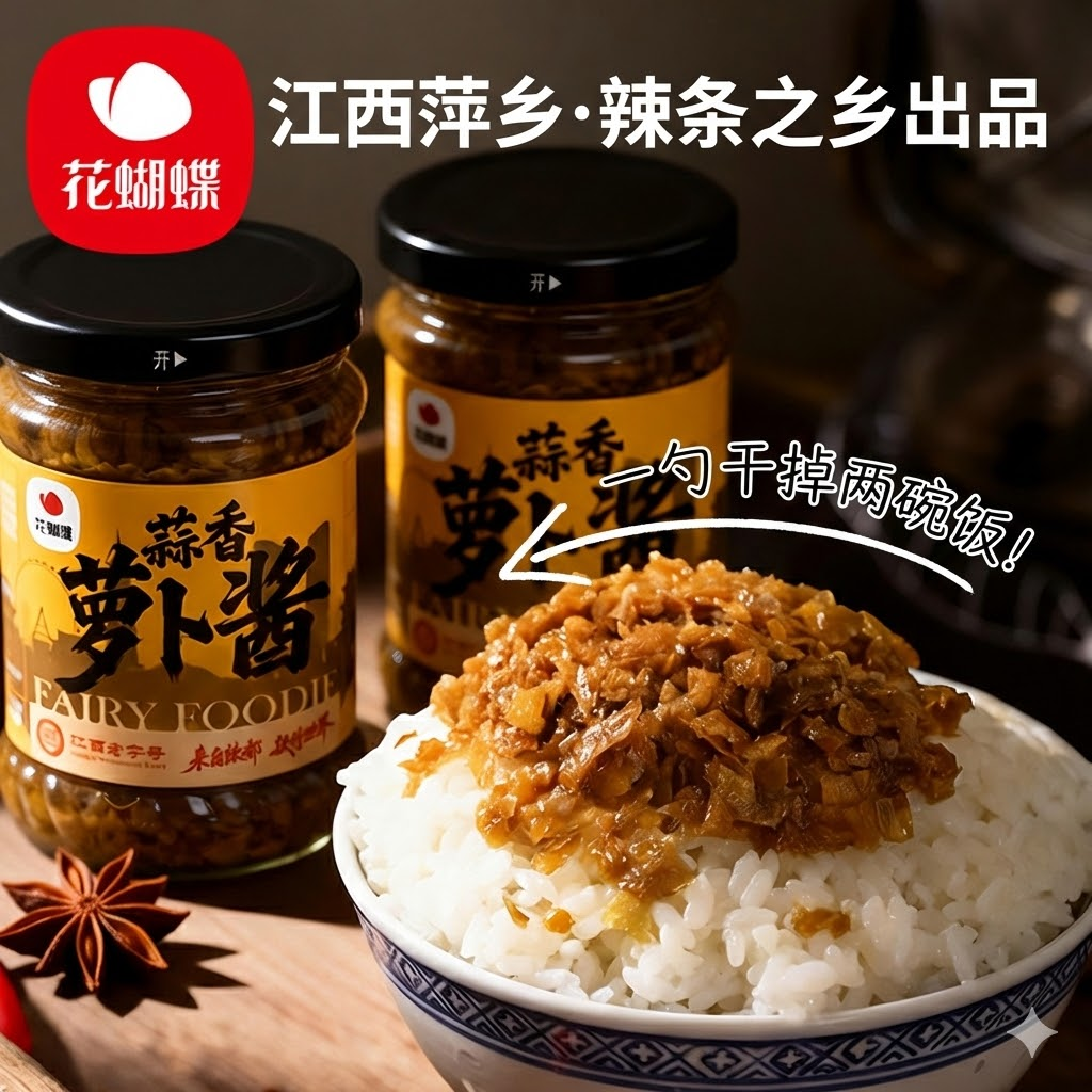 花蝴蝶开胃下饭秘制工艺蒜香新鲜野山椒萝卜酱瓶装即食吃法百搭