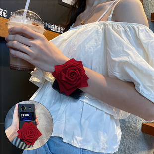 酒红玫瑰花腕带适用vivoXflip手机壳小折叠屏oppofindn3防摔n2华为pocket2保护套p50荣耀magicV2女purax新品