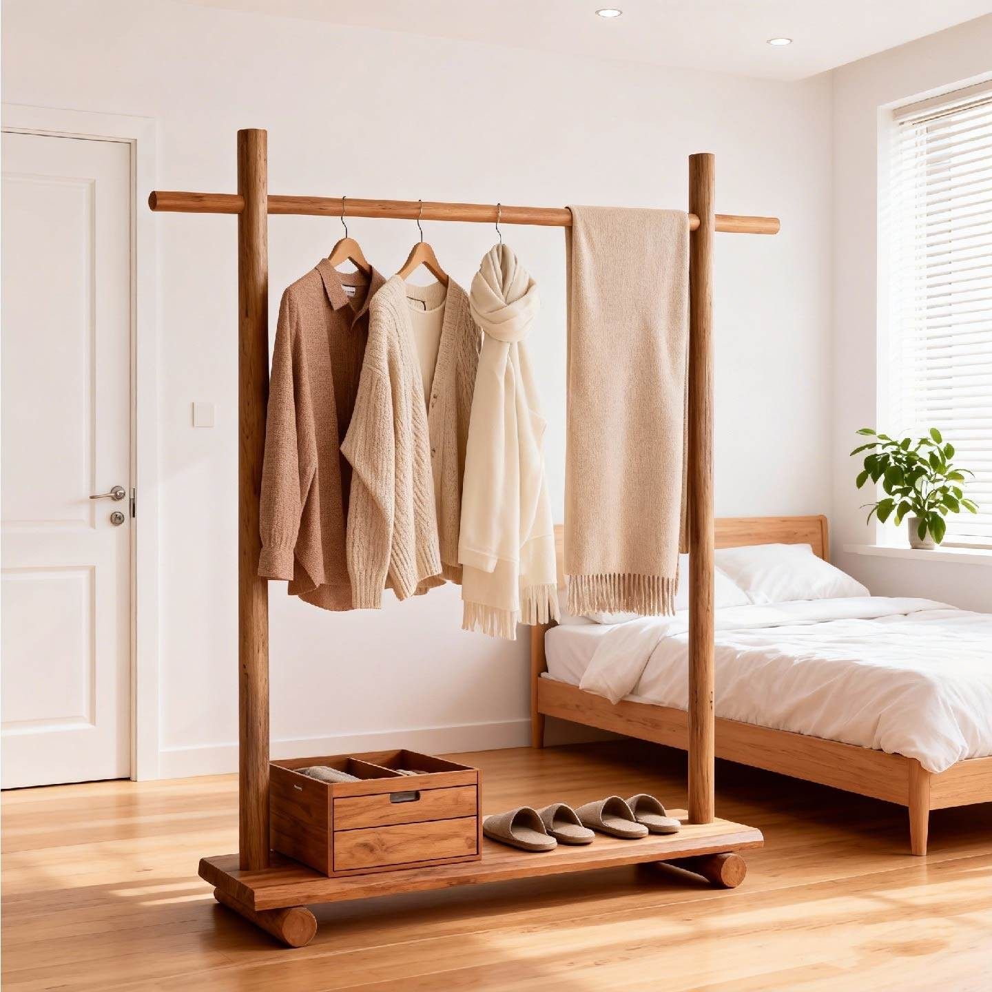 实木侘寂风落地衣帽架酒店民宿卧室服装店展示架子复古木质挂衣架