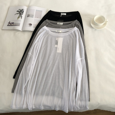 纯色长袖t恤女夏季慵懒风韩版宽松显瘦薄款透视防晒衣白色罩衫潮