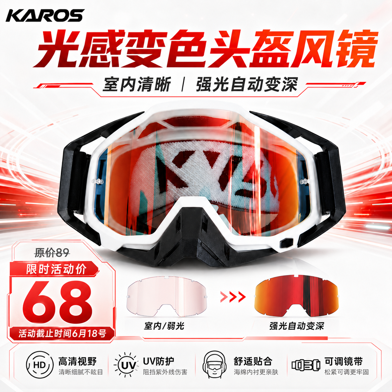 KAROS光致变色头盔风镜 官方正品 越野摩托车骑行防风防尘护目镜