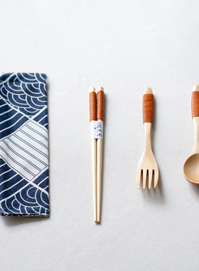 PAGOO日式木质筷子勺子套装叉子筷勺便携餐具上班族一人用三件套