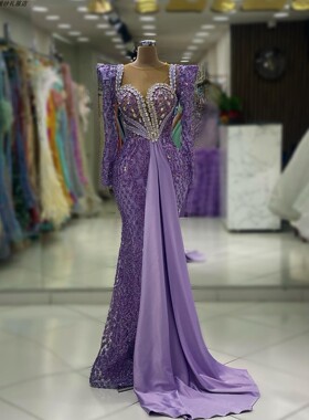 dress欧美时尚紫色亮片包臀修身显瘦晚装年会派对聚会写真轻礼服