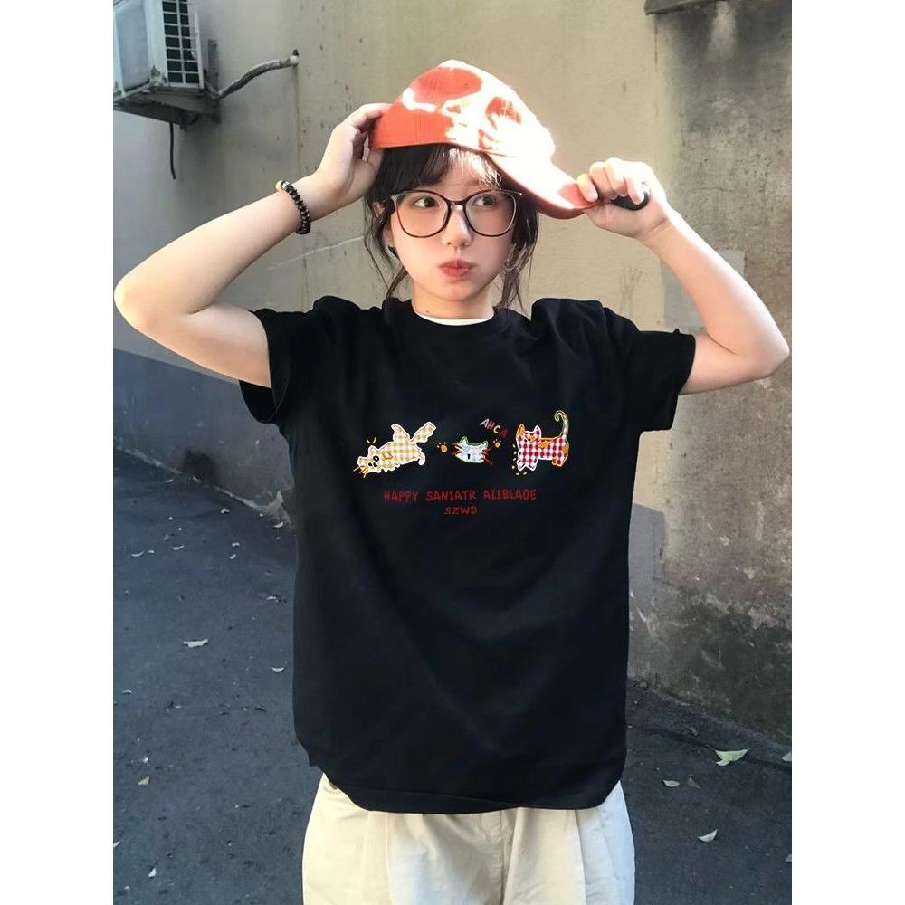 纯棉短袖t恤女2025新款爆款夏季正肩设计感美式高街宽松半袖上衣