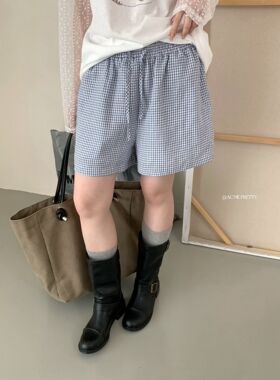 ACME PRETTY韩版简约百搭松紧腰格子休闲裤女宽松显瘦阔腿短裤731