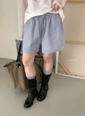 ACME PRETTY韩版简约百搭松紧腰格子休闲裤女宽松显瘦阔腿短裤731