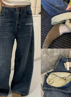 MZI STUDIO-冬韩系复合绒质感亲肤柔软舒适保暖时髦牛仔裤19103##