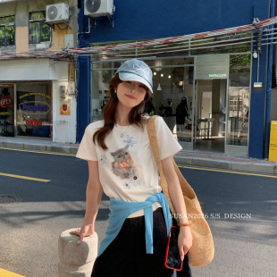 SUSAN T恤2828s 夏上新韩系卡通俏皮小猫立体工艺珠子短袖