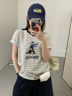 T恤上衣女w296 韩系简约百搭圆领印花条纹显瘦短袖 ACME PRETTY夏季