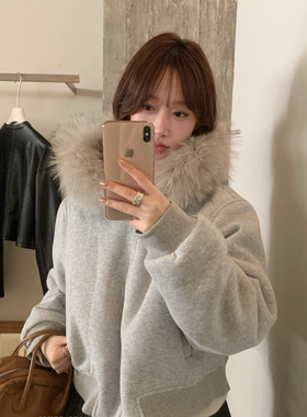 IMISS韩标加绒加厚毛毛内里连帽短外套(可拆卸真兔毛毛领)H90585