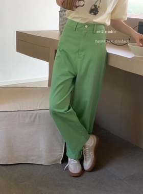 h2studio绿色休闲牛仔直筒裤女2023春新款高腰显瘦百搭九分阔腿裤