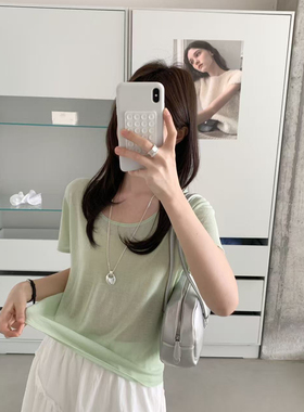 ULOUR/U粒-早春韩系圆领冰丝雪纺百搭t14个色万能百搭短袖T恤9998