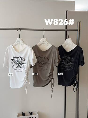 ACME PRETTY韩系收腰显瘦斜领露肩字母印花抽绳褶皱短袖T恤女W826