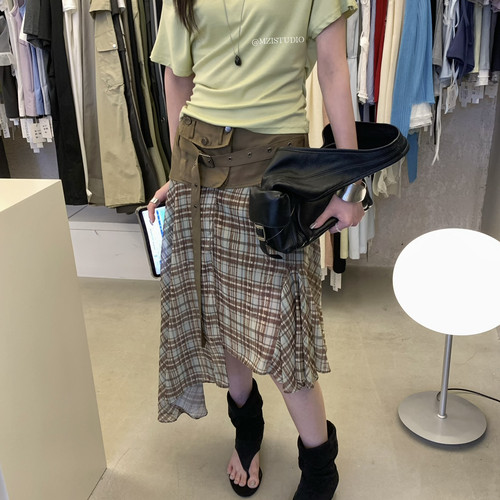 MZI STUDIO-古韩调格纹拼接不规则下摆轻亚重工夏日半身裙18392#