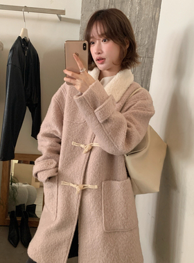 IMISS韩标升级羽绒里衬翻领牛角扣中长款羊毛外套（50羊毛H90563