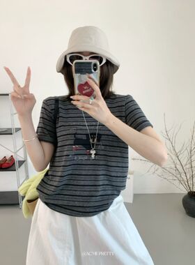 ACME PRETTY韩系百搭条纹腊肠小狗印花圆领短袖T恤显瘦上衣W185