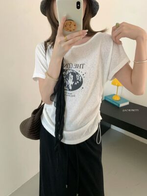 ACME PRETTY夏季韩版复古印花短袖T恤女显瘦侧边抽绳收腰上衣w835
