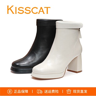 特价KISSCAT接吻猫2025羊皮防水台粗跟高跟女短靴子KA43536-12