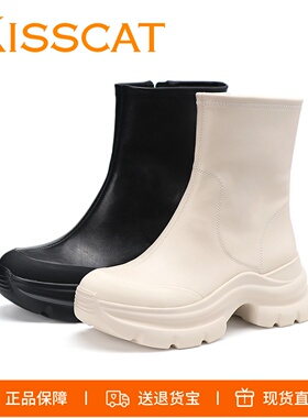 特价KISSCAT接吻猫25厚底弹力靴牛皮增高瘦瘦靴女短靴KA54721-52