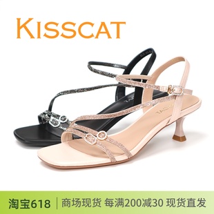 KISSCAT接吻猫2024夏款 凉鞋 中跟方头露趾水钻带细跟后空百搭女鞋