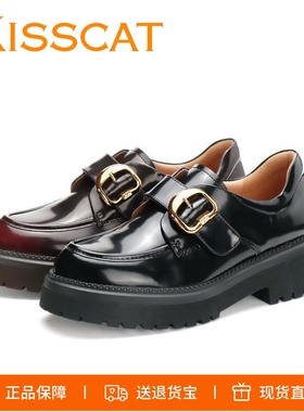 KISSCAT接吻猫2025新款真皮厚底孟克鞋小D扣乐福鞋增高小皮鞋单鞋