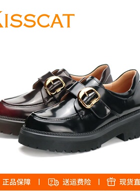 KISSCAT接吻猫2026新款真皮厚底孟克鞋小D扣乐福鞋增高小皮鞋单鞋