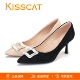 KISSCAT接吻猫2026尖头细跟高跟水钻方扣真皮浅口单鞋 不累脚女鞋