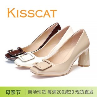 KA43522 亮漆牛皮方头粗高跟方扣女单鞋 KISSCAT接吻猫2023秋款