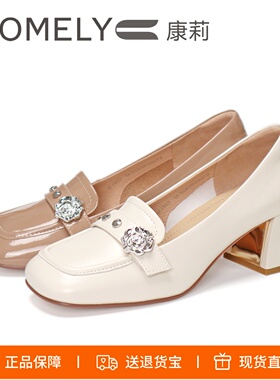 COMELY康莉2025方头粗跟高跟鞋羊皮铆钉玫瑰花朵单鞋女鞋KYQ46539