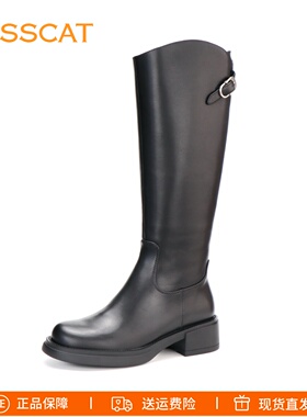 KISSCAT接吻猫2025长靴粗跟圆头增高真皮侧拉链长筒骑士靴女靴子