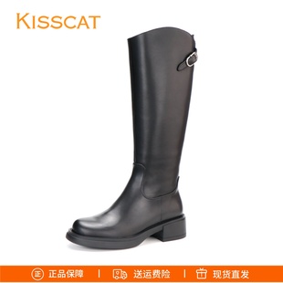 KISSCAT接吻猫2025长靴粗跟圆头增高真皮侧拉链长筒骑士靴女靴子